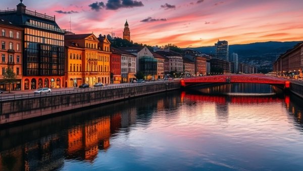 Evening riverside view in Bilbao, vibrant lights reflecting.
