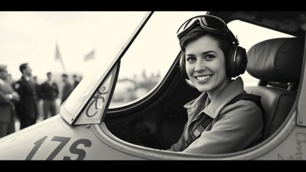 Amelia Earhart in airplane cockpit, smiling, early aviation history.
