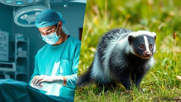 Surgeon and skunk collage illustrating rabies risk in organ donation.