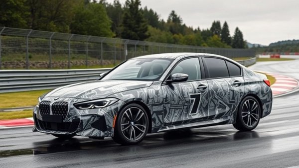 2027 BMW 3 Series prototype in camouflage undergoing track testing.