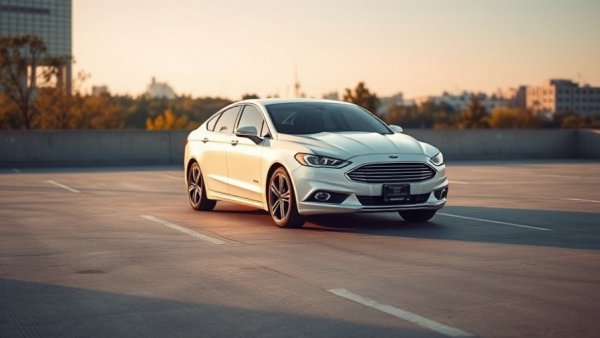 Sleek white Ford car in empty lot, buy used cars.