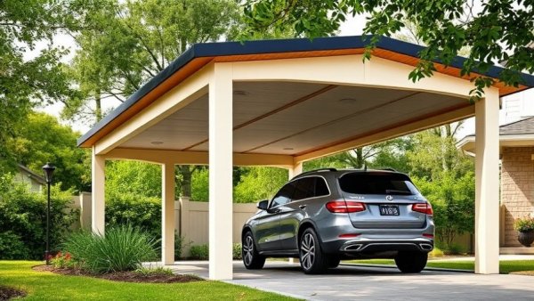 Modern front yard carport design ideas featuring sleek wooden slats.
