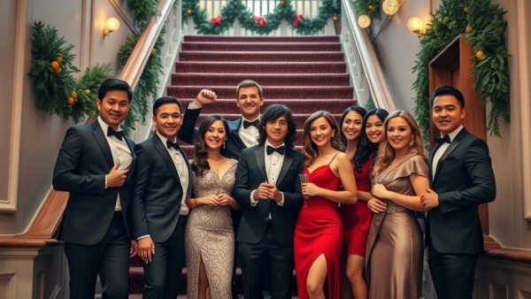 Elegant holiday home gathering with festive decor and formal attire.