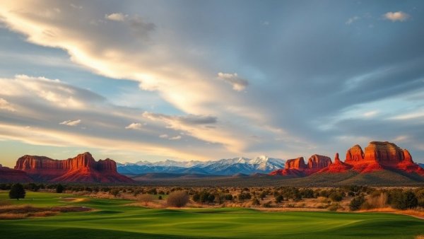 Scenic golf course with Denver's red rocks at sunset.