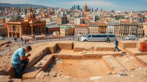 Archaeological excavation meets vibrant city skyline in forgotten city unearthings.