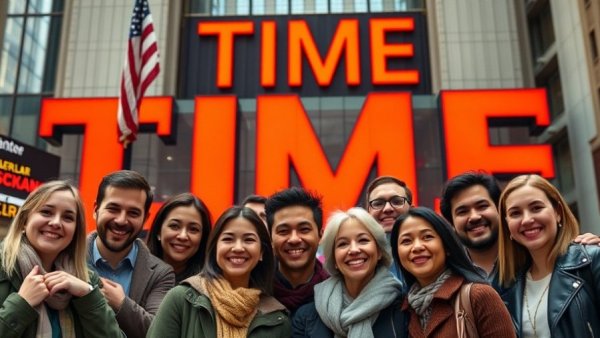 Diverse group at New York Stock Exchange discussing AI.