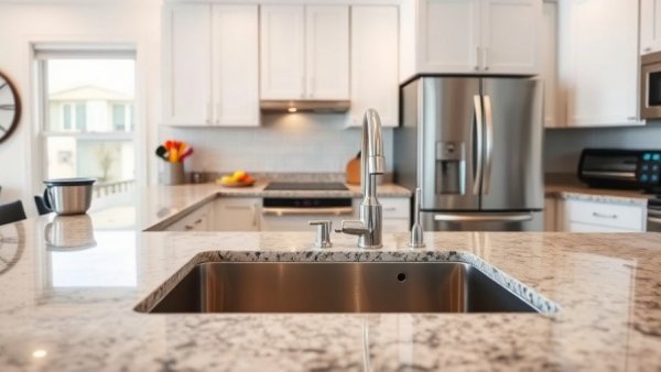 Modern kitchen highlighting countertop health risks with detailed features.