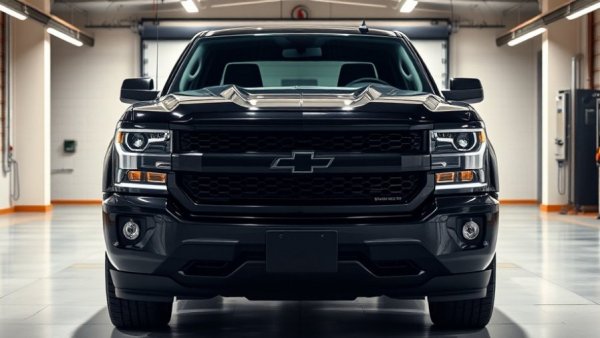 Black pickup truck parked in a well-lit garage.
