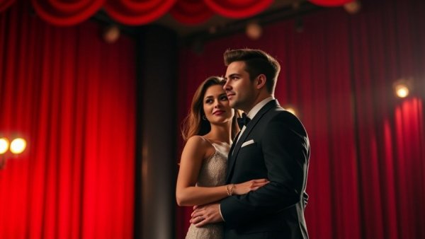 Elegant couple on stage, warm ambiance, red and black background.