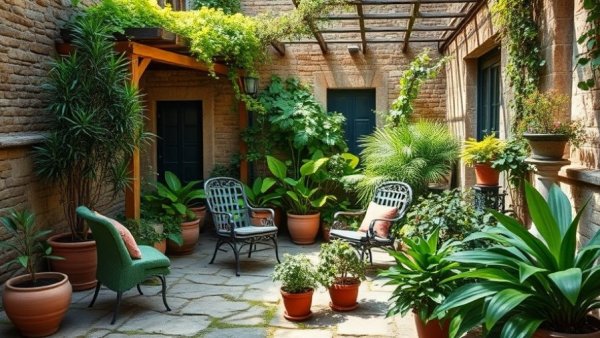 Charming small garden landscaping idea with lush plants and seating.
