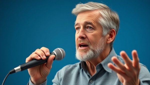 Middle-aged man discussing benefits of turmeric, speaking into microphone.