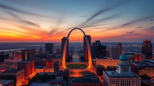 St. Louis skyline with the Gateway Arch at sunset, showcasing best things to do in St. Louis.