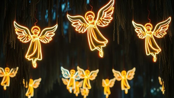 Neon angel lights hanging in New Orleans woods for holiday events 2025.