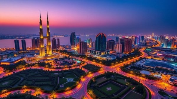 Vibrant Kuwait City skyline with Kuwait Towers at twilight.