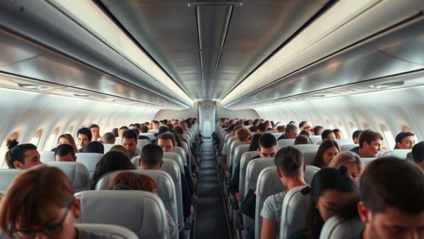 Crowded plane cabin scene to avoid getting sick on a plane this holiday season.