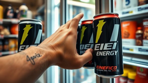 Person reaching for energy drink cans, highlighting health risks.