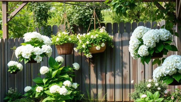 Cozy vintage rustic garden retreat with white hydrangeas and wooden fence.