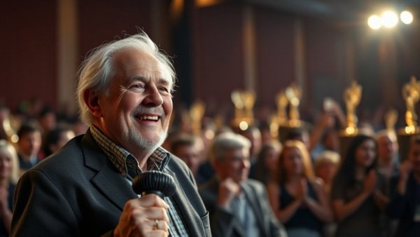 Elderly man celebrates at awards show, holding cane, trophies behind.