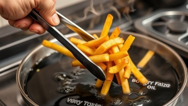 Toxic fat frying food in pan with danger warning text.