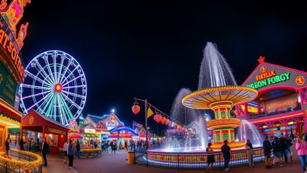 Night scene of Pigeon Forge with Ferris wheel and fountain.