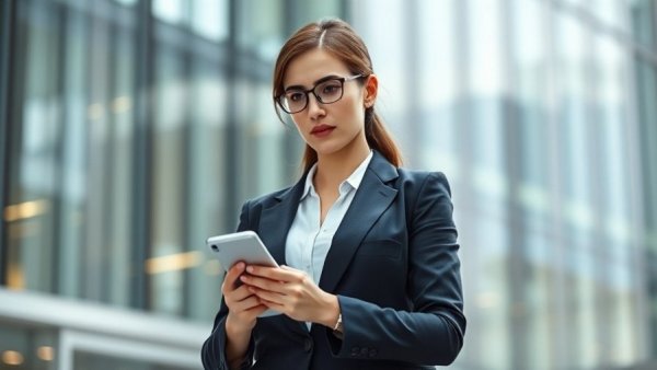 Businesswoman concerned about time in modern office setting, reflecting on chronic lateness relationships impact.