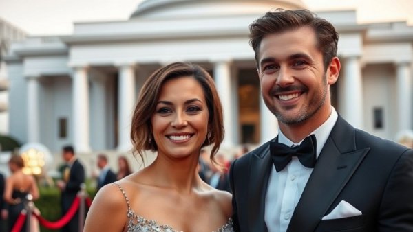 Elegant couple at red carpet event, Kennedy Center backdrop.