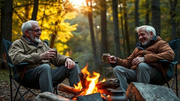 Older men connecting through camping, chatting around a campfire.
