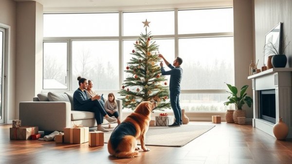 Family decorating minimalist Christmas tree in a modern living room.
