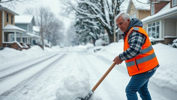 Man shoveling snow in residential area, highlighting heart risks of snow shoveling.