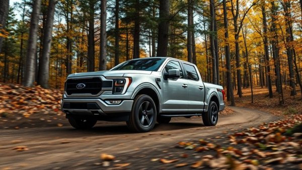 Ford F-150 Lightning EV driving on forest trail.