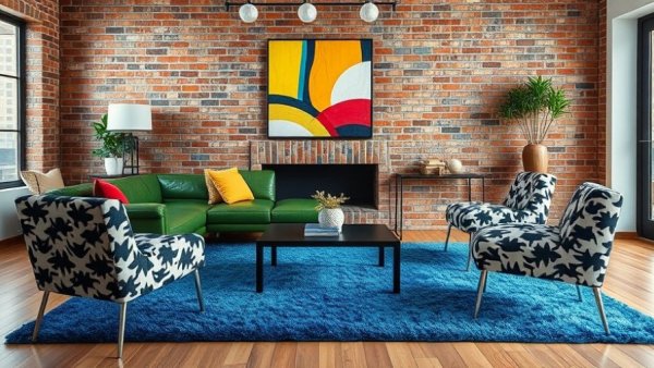 Bold colorful modern living room with green couch, blue rug, artwork.