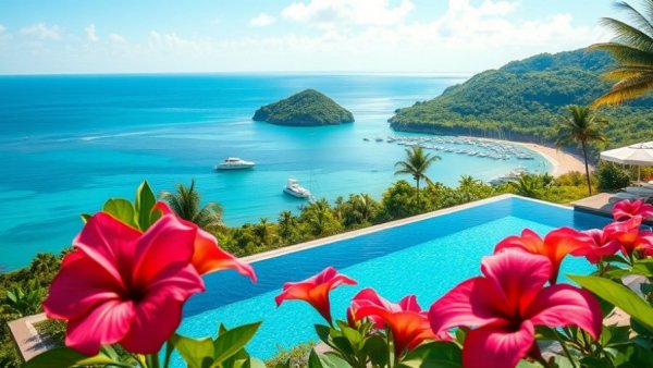 Thailand coastal view with infinity pool and tropical bay.
