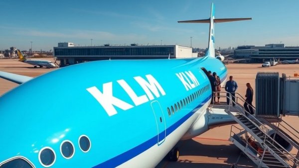 Passengers boarding a KLM airplane at the airport.