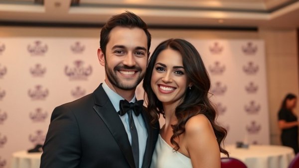 Couple posing at formal event with Kennedy Center logo backdrop.