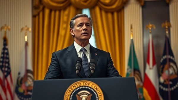 President Trump's address to the nation in official setting with flags.