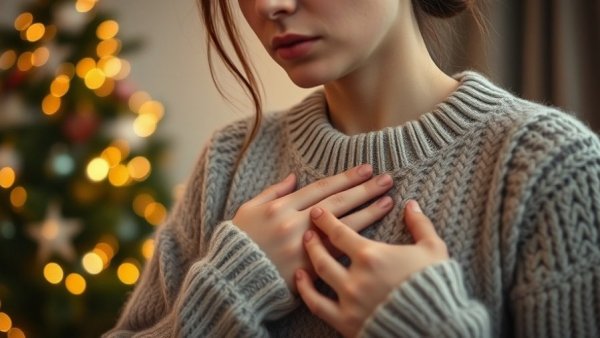 Woman holding her chest during the holidays, symbolizing heart health awareness.