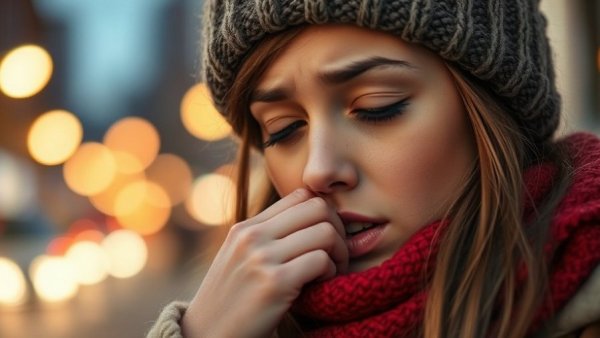 Woman with new flu variant sneezing outdoors, winter evening.