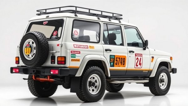 Restored Mitsubishi Pajero with rally decals in a studio.