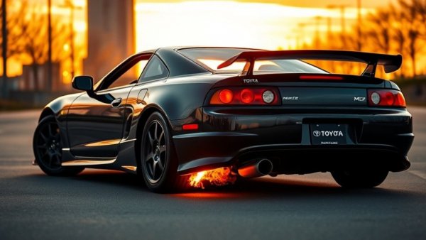 Supercharged Toyota MR2 emitting flames at sunset.