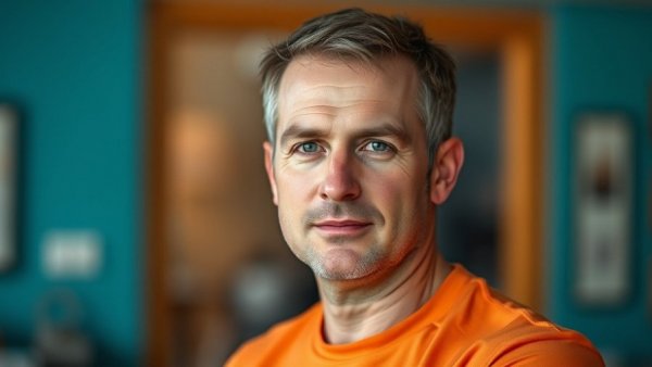 Middle-aged man indoors, orange shirt, teal background.