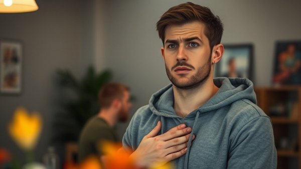 Man in hoodie holding chest, concerned expression, COVID vaccine myocarditis risk.