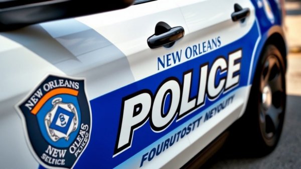 New Orleans police car close-up highlighting emblem.