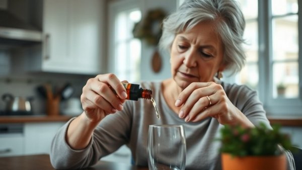 Older woman adding drops into cup in bright kitchen; cannabis medical claims evidence concept.