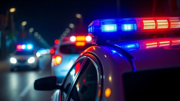 Police car's flashing lights during food insecurity protests, night scene.