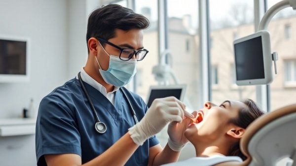 Dentist examines patient in clinic, highlighting gum disease and heart health.