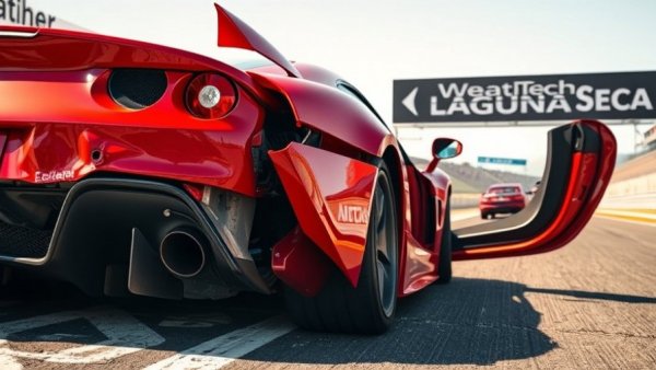 Skyline GT-R wreck at Laguna Seca track under clear sky.