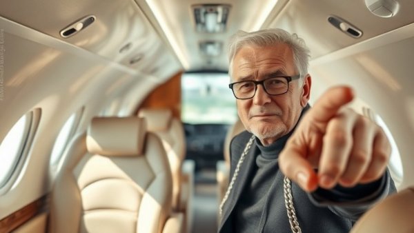 Older man pointing out in a private jet, Epstein files access.