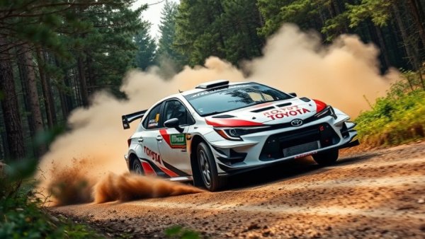 Toyota GR Corolla rally car speeding on a forest dirt path.