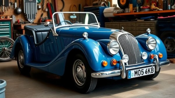 1965 Morgan Plus 4 classic blue car in garage setting.