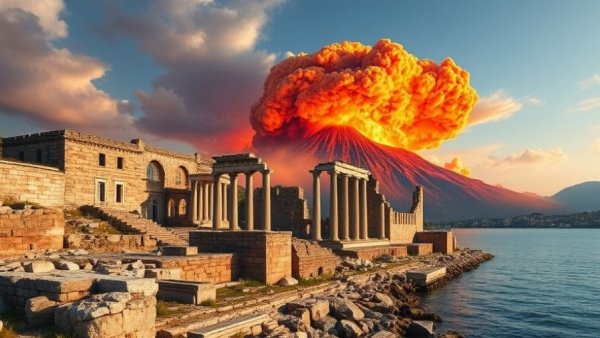Ruins of ancient Pompeii with dramatic volcanic eruption painting.